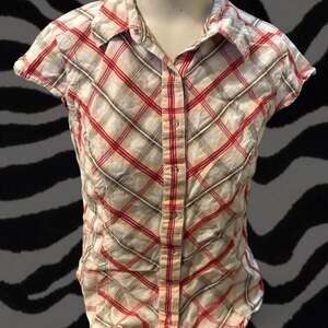 Millenium Y2K Red & Cream Plaid Button Up Blouse, Boho Western Style, Size M